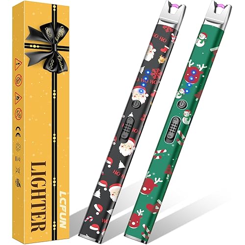 LcFun 2 Pack Candle Lighter, Christmas Stocking Stuffers Gifts for Women Mom Men, Electric USB Rechargeable Plasma Arc Lighter with Safety Lock, Windproof Flameless Long Lighters for Candle, Grill