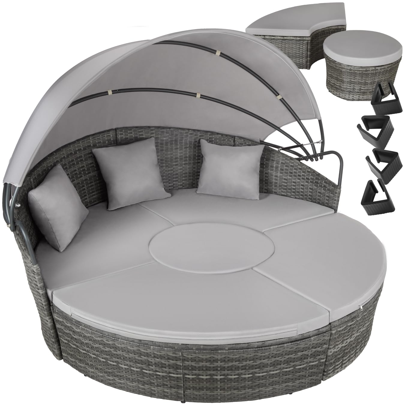 tectake® Bain de soleil Salon de jardin exterieur Modulable en Résine tressée avec Pare Soleil Pliable  Coussins Inclus  Chaise longue Relax Mobilier de Jardin pour Amenagement Balcon Terrasse Veranda