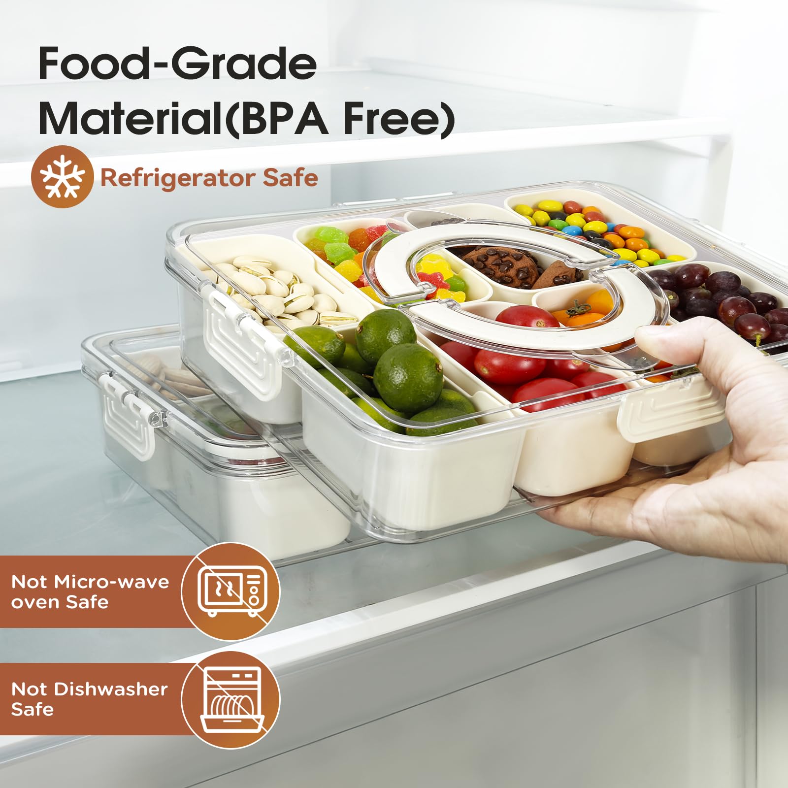 Contenitore per snack con coperchio ermetico, 1 vassoio per alimenti diviso, organizer multi-scomparto per verdure, frutta e snack, impilabile, senza BPA, lavabile in lavastoviglie
