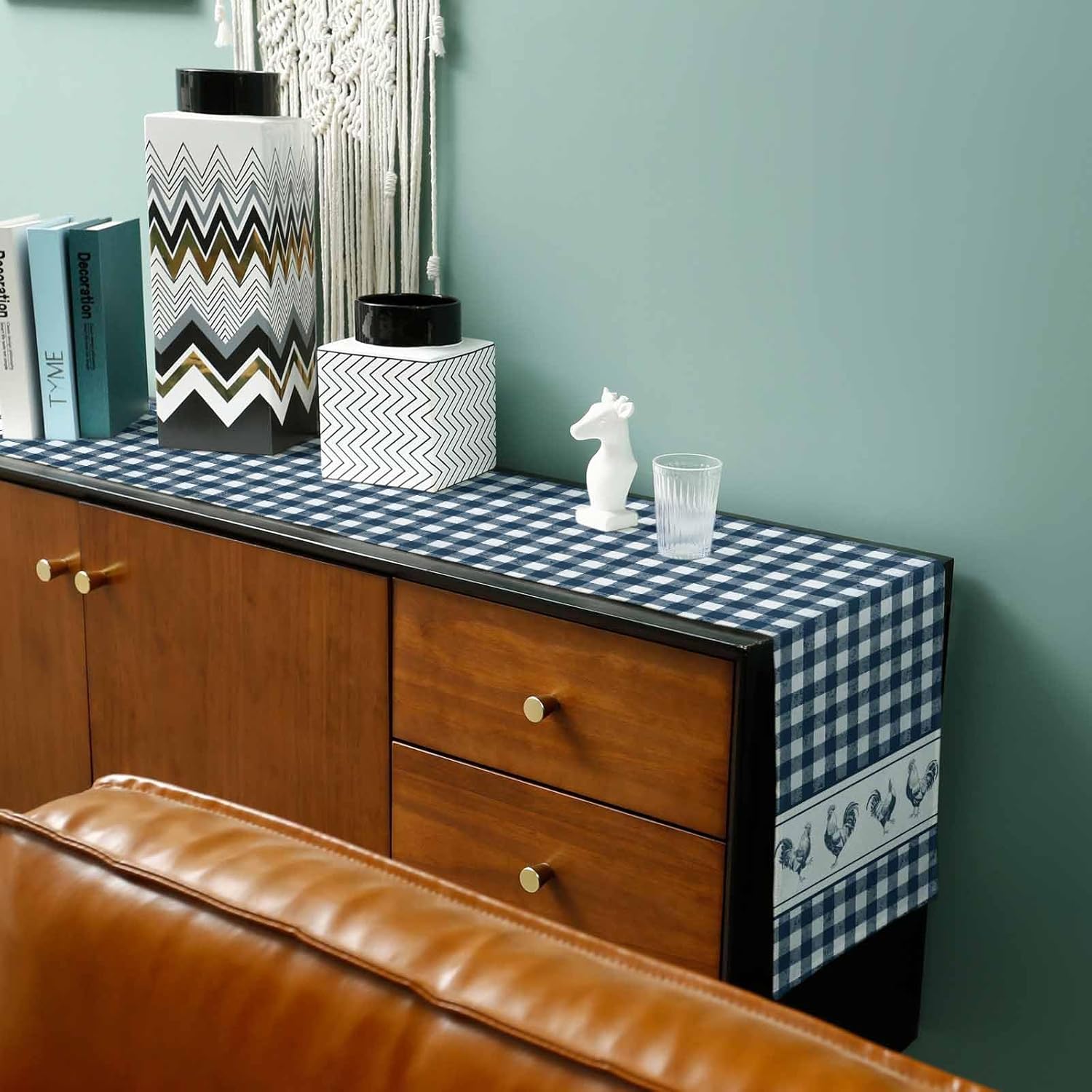 Farmhouse Rooster Table Runner - 72 Inch Long Rustic Farm Animals Blue White Plaid Cotton and Linen Blended Dress Scarves Farmhouse Table Runner for Kitchen Dining, Coffee Table, 18" x 72"