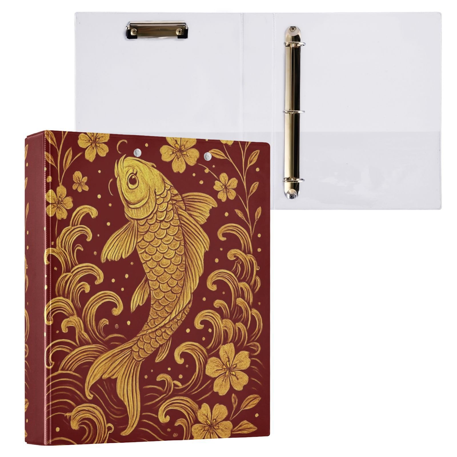 Fish Red Elegant - Carpeta de 3 anillos de 1.5 pulgadas, carpeta de anillos en D, paquete de 2 | Con portapapeles y bolsillos, para escuela, universidad, oficina