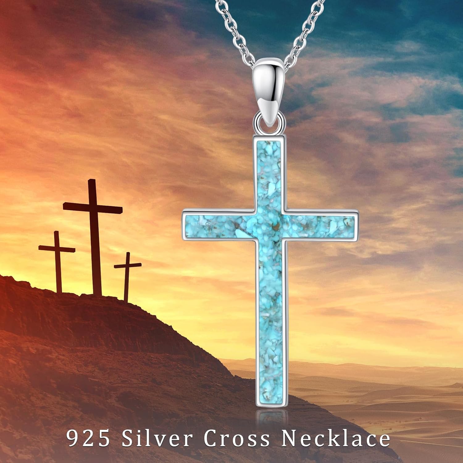 Silver Cross Necklace for Women 925 Sterling Silver Crushed Turquoise/Malachite/Black Onyx Pendant Necklace Christian Religious Jewelry Confirmation Gifts for Girls Men Boys - Image 7