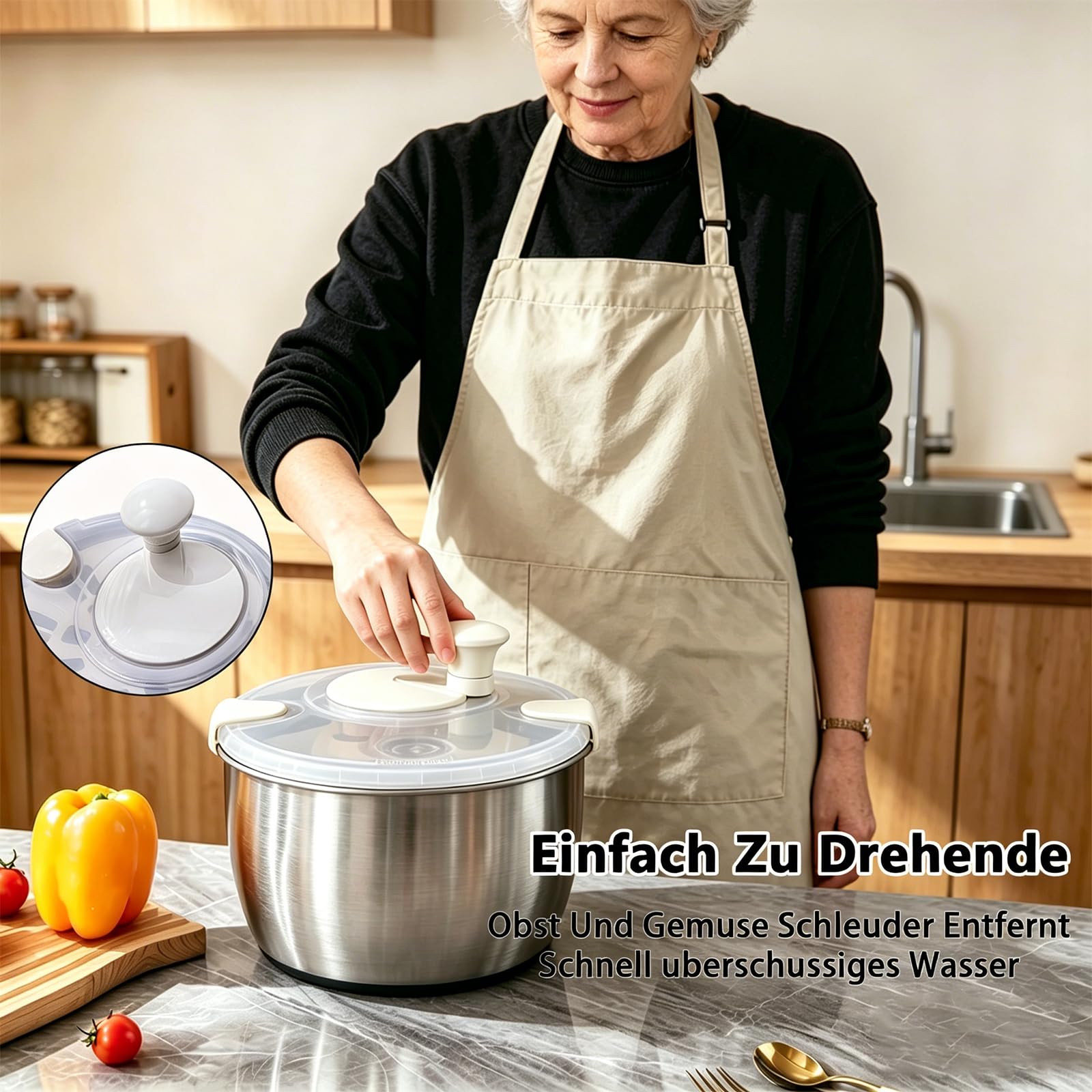 5L Salatschleuder Edelstahl Groß, 2 In 1 Hochwertige 304 Salad Spinner mit Deckel, Salatschleudern Kurbelantrieb mit Rutschfestem Boden & Wasserauslass, Salat Trockner für Frische Salate & GemüSe