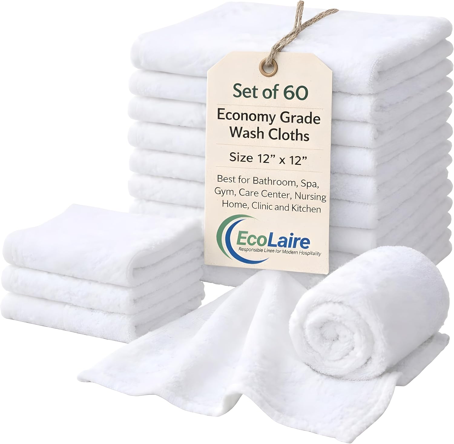 EcoLaire Washcloths Set of 60 (12x12 inches) White Economy Grade Cotton Blend Quick Drying & Soft Face Wash Cloths, Fingertip Towels for Bathroom, Spa, Care Center, Nursing Home and Commercial Use