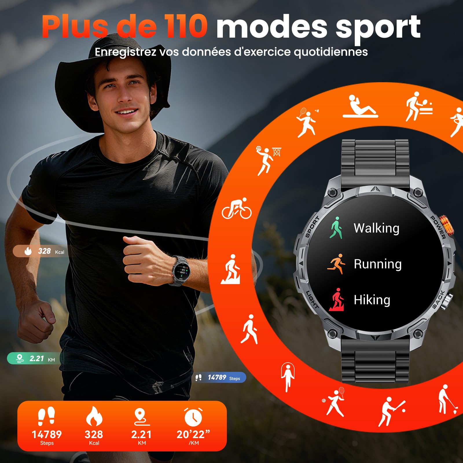 Smartwatch Uomo Militare, Batteria da 1000 mAh, Due Cinturini, Schermo HD da 1,75", Torcia LED, 100＋ Modalità Sportive, Monitoraggio della Salute, Chiamate Bluetooth per iOS Android (Nero)