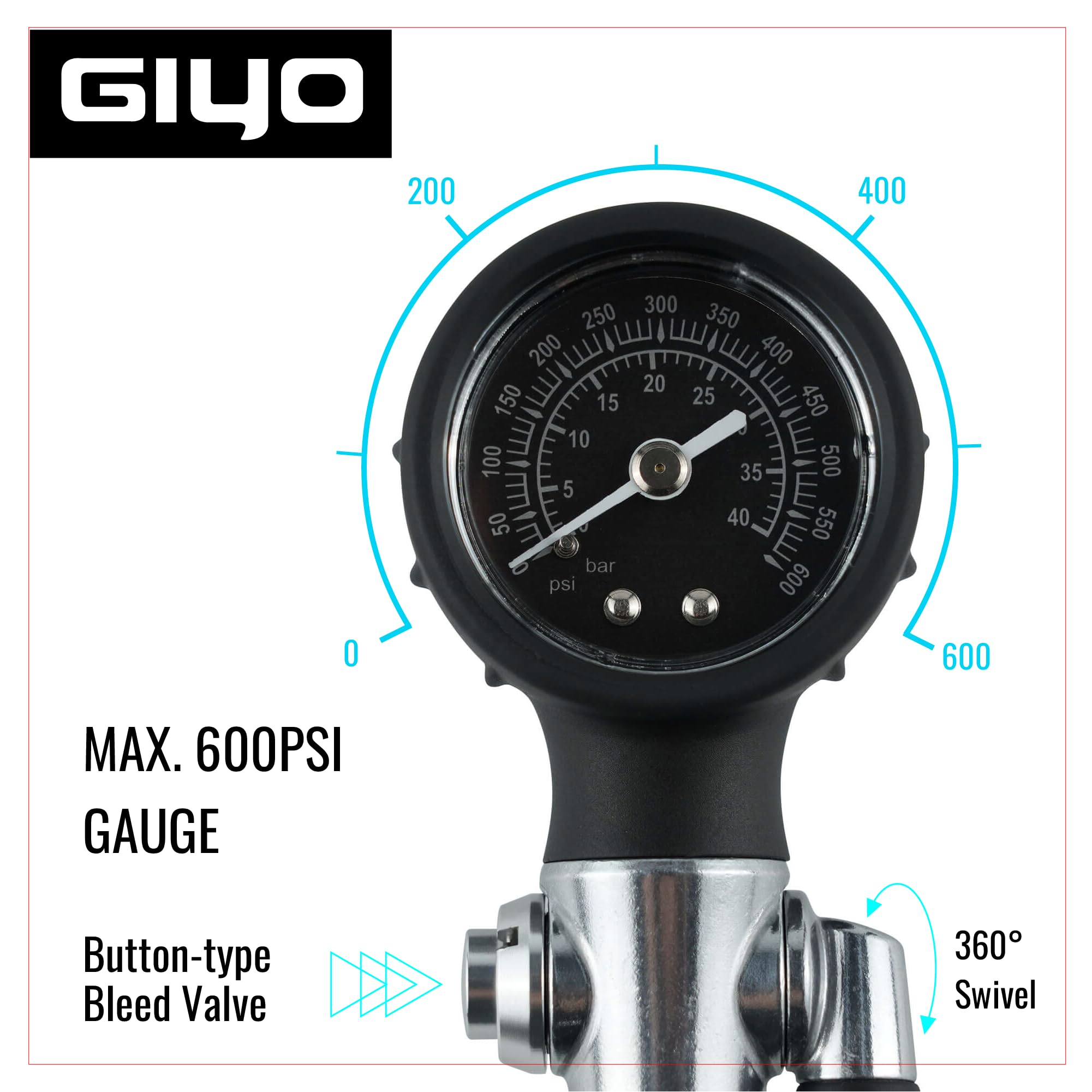 GIYO GS-24L Air Turbo Bike Shock Pump: hohes Volumen, müheloses Aufpumpen auf 600 PSI – Präzision, Haltbarkeit und Leichtigkeit für optimale Fahrradleistung