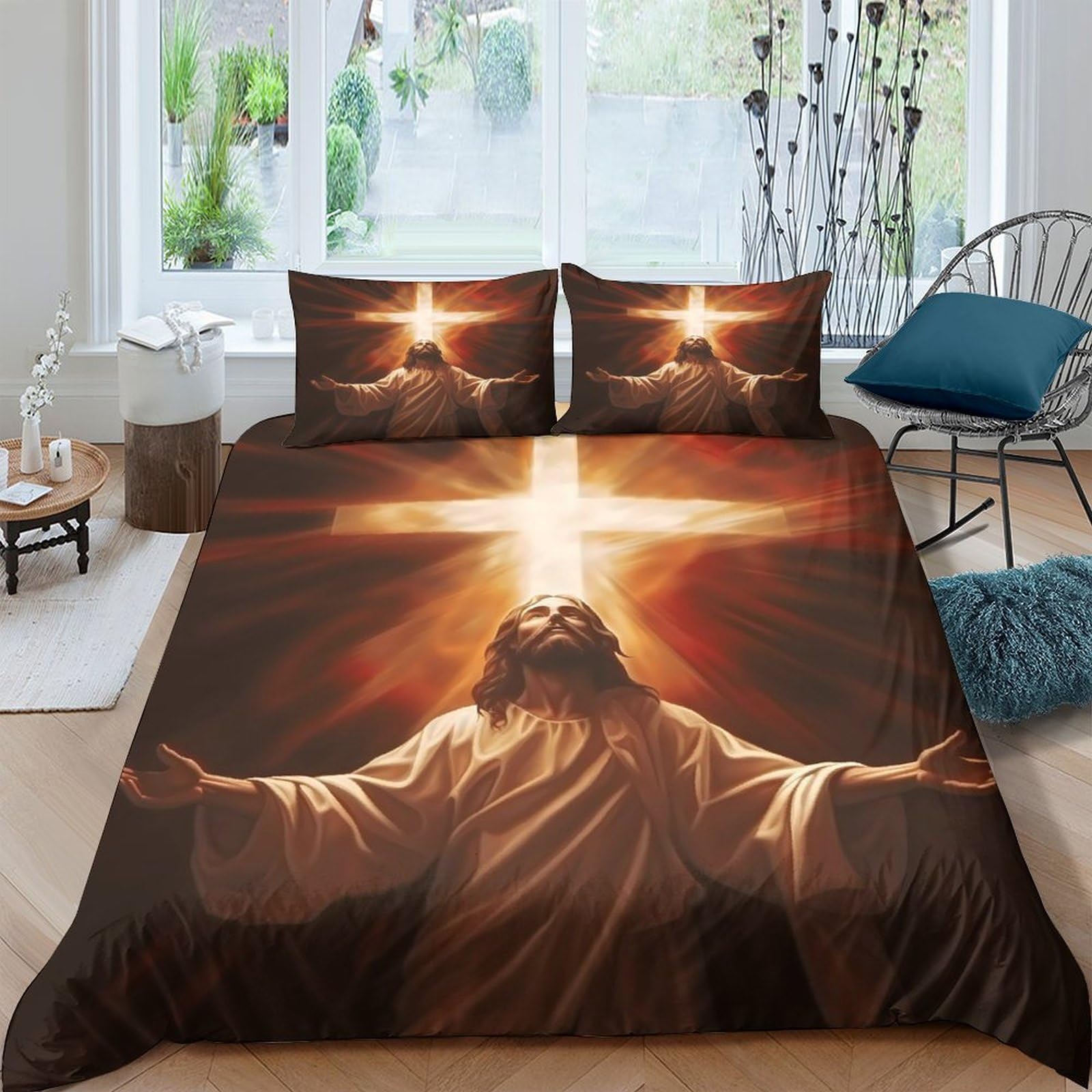 Ctjqhvkz Style-4 3D Printed Jesus Light Fitted Sheet Microfiber Soft Religious Cross Bed Cover For Bedroom Dorm Decor Protection Single（135X200cm）