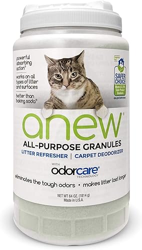 anew Gránulos multiusos de 64 onzas (paquete económico) Eliminador de olores para gatos para cajas de arena, alfombras, suelos, tapicería y más,