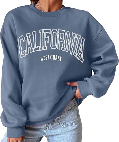 Cioatin Sudadera de gran tamaño con estampado de letras de California para mujer, cuello redondo, hombros caídos, holgada, de forro polar