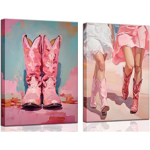 2Pcs Pink Cowgirl Boots Poster, Retro Western Funky Canvas Prints Cowboy Boots Pictures, Trendy women Aesthetic Wall Art Preppy Girl Room Decor Framed(12x16in Framed, pink)