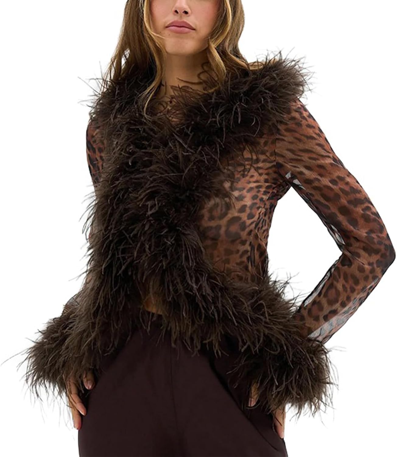 Mandonce Mesh Long Sleeve Tops Faux Fur Fuzzy Top Open Front Sexy Party Tops Going Out Y2k Shirts for Women