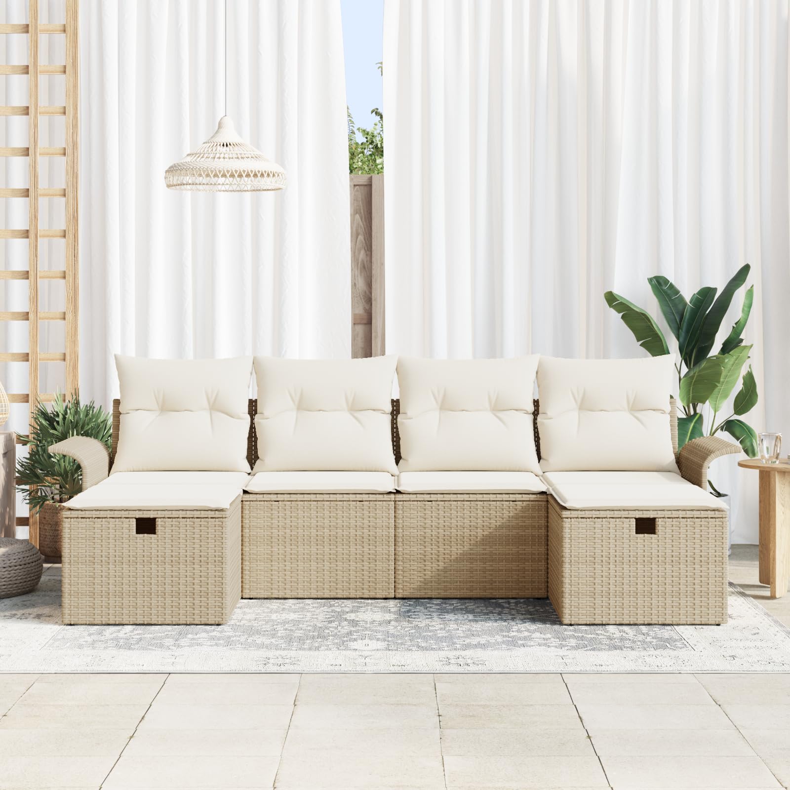 Juego de 6 sofás de jardín con cojines beige de polirratán para exteriores, muebles acogedores al aire libre, conjunto de muebles de jardín, resistente a la intemperie