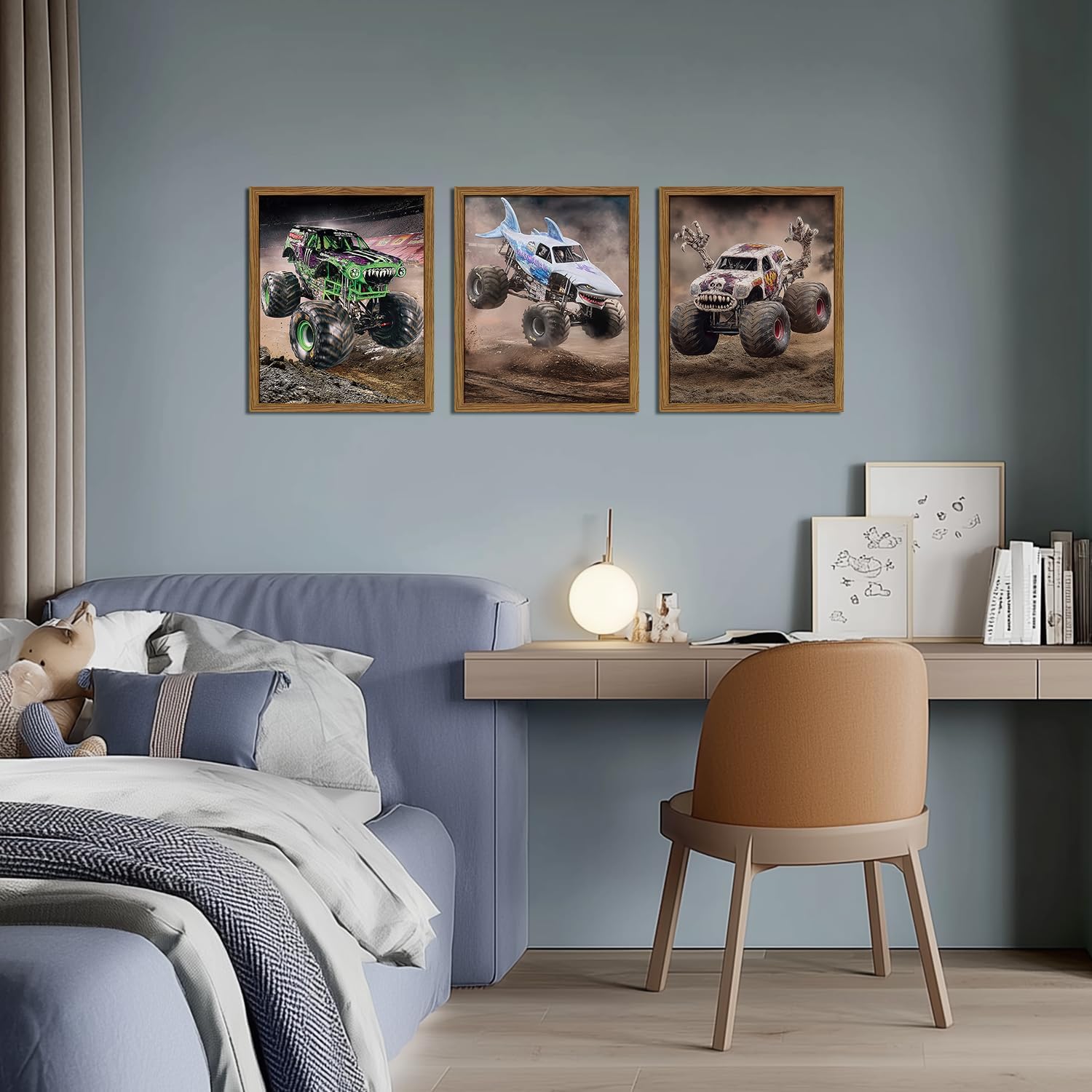 Monster Truck Room Decor for Boys - Framed Monster Jam 3PC Truck Poster Car Pictures Themed Canvas Prints Men Playroom Vehicle Painting Wall Art Room Decor For Little Boys Bedroom