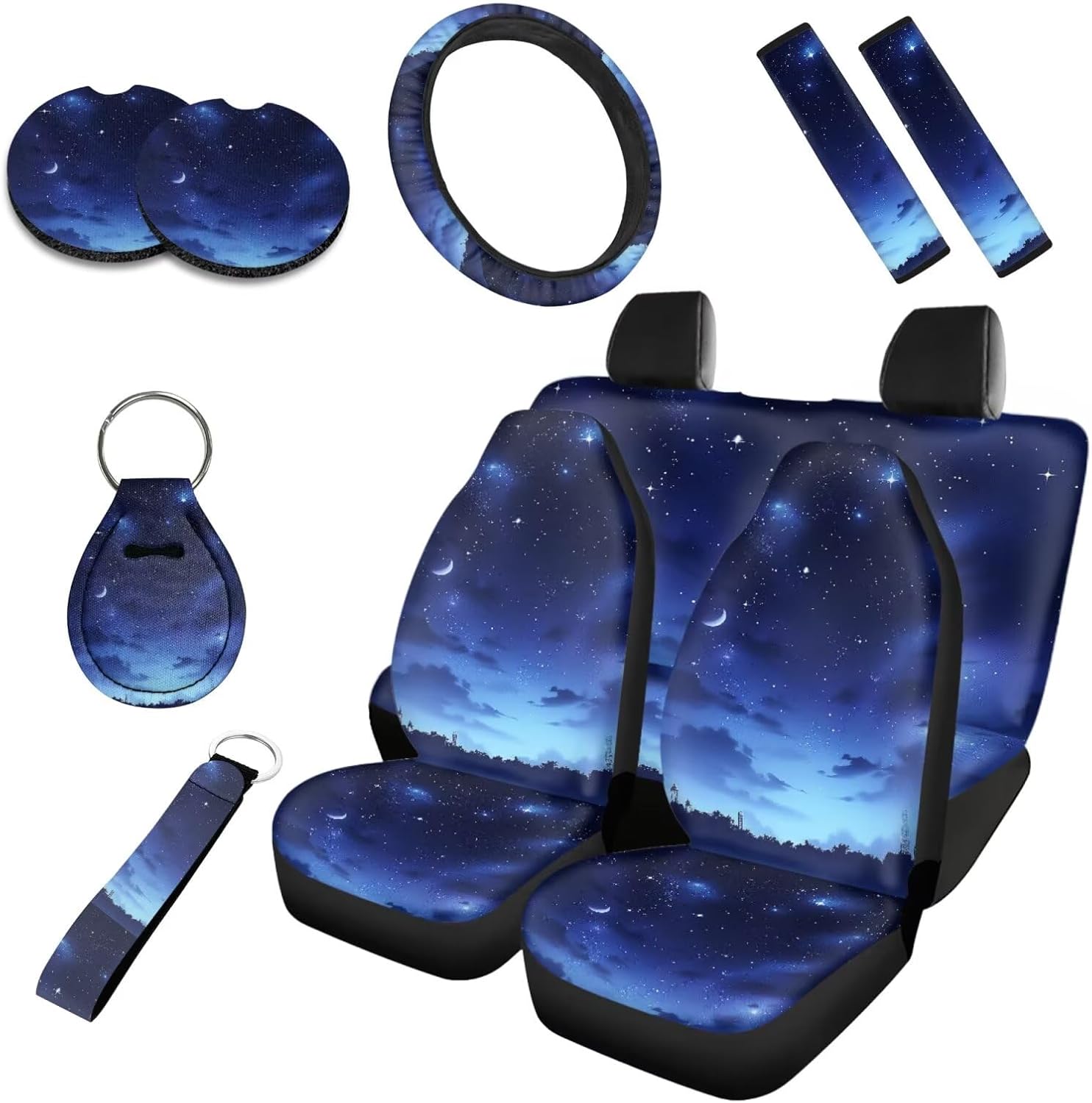 10 Pack Starry Night Car Seat Covers, Star Moon Front Seats Rear Bench Polyester, Gradient Navy Blue Universal Cars Interior Covers for Sedans, SUVs