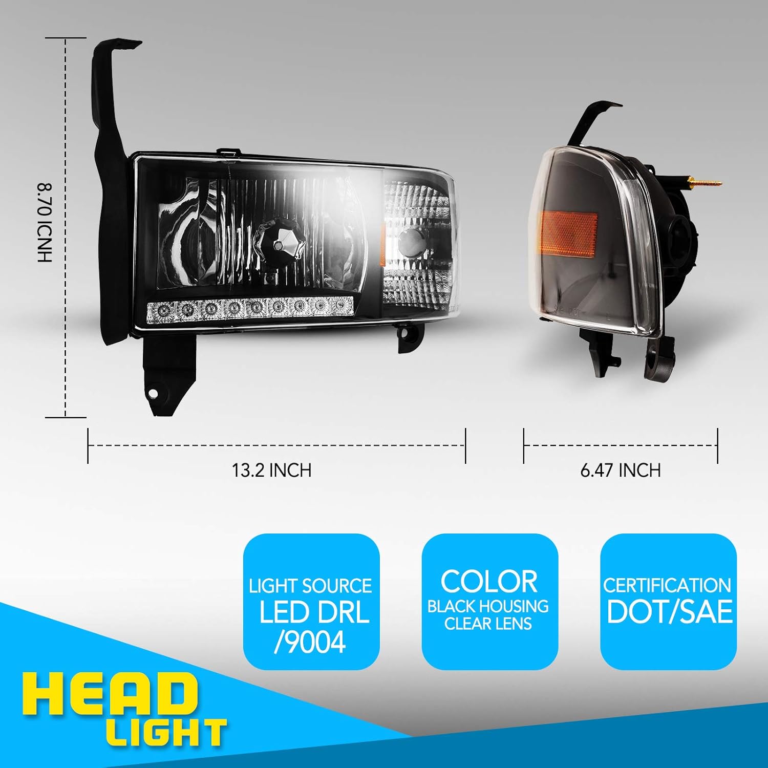 AUTOWIKI LED DRL Headlights for 94-02 DODGE Ram 1500/2500/3500/4000 (NON SPORT) Pair Front Lamps Replacement Assembly Black Clear Head Light