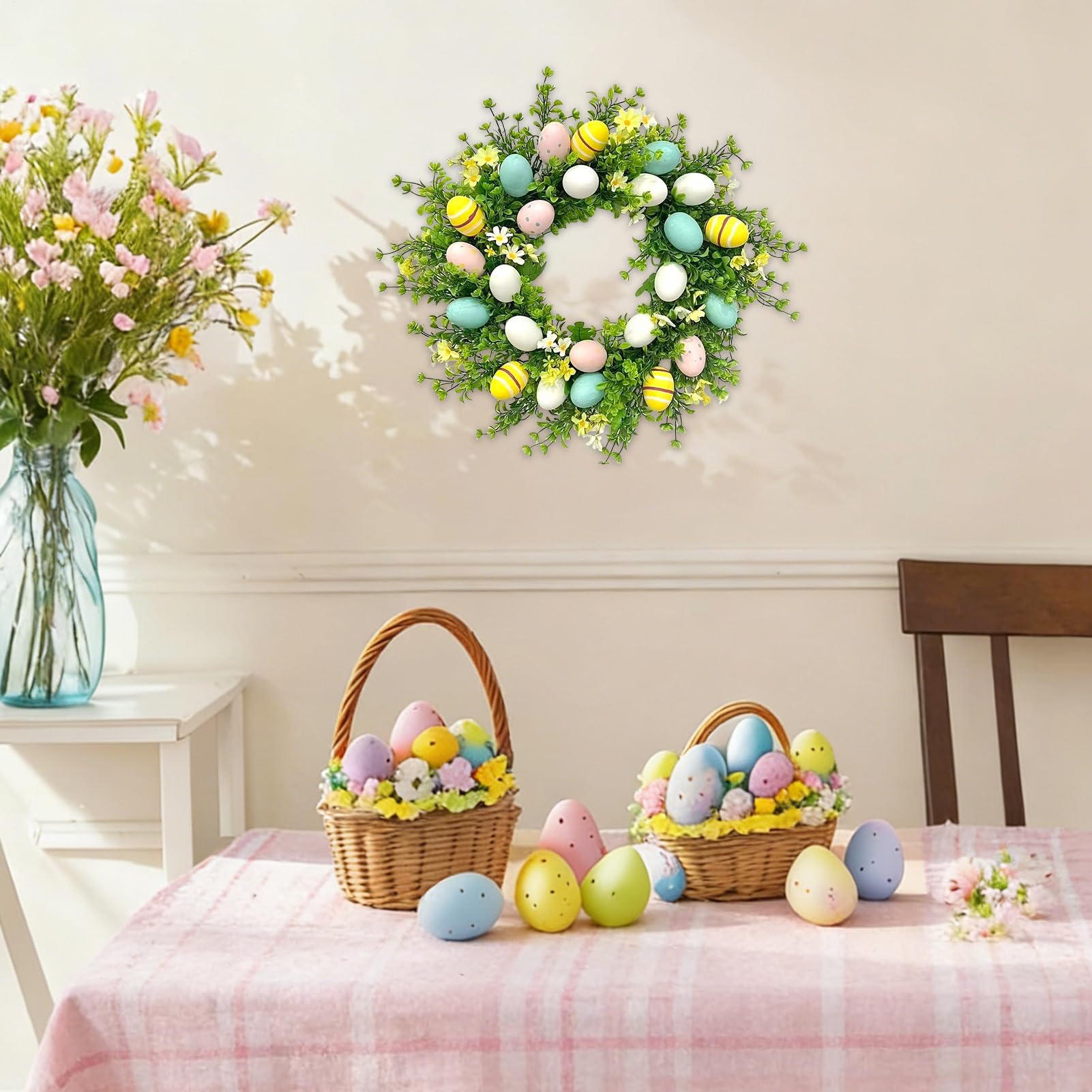 Corona di Pasqua Decorazione Per La Casa Con Uova E Fogliame Artificiale | Decorazione Ghirlanda 50 Cm per Porta d'Ingresso per Parete Finestra Porta Tavolo Soggiorno Camera Esterno Interno