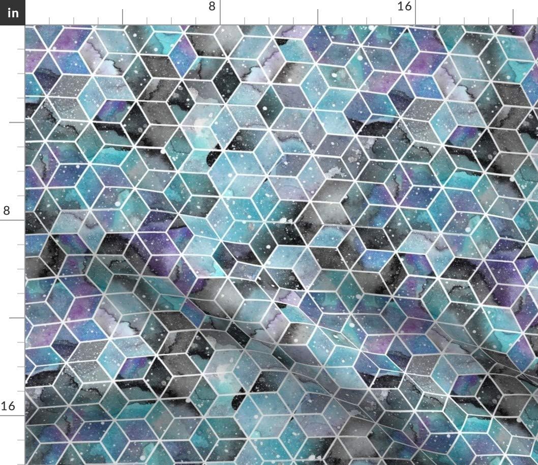 Spoonflower Fabric - Blue Watercolor Space Hexagons Hexagon Cube Geometric Printed on Petal Signature Cotton Fabric by The Yard - Sewing Quilting Apparel Crafts Decor