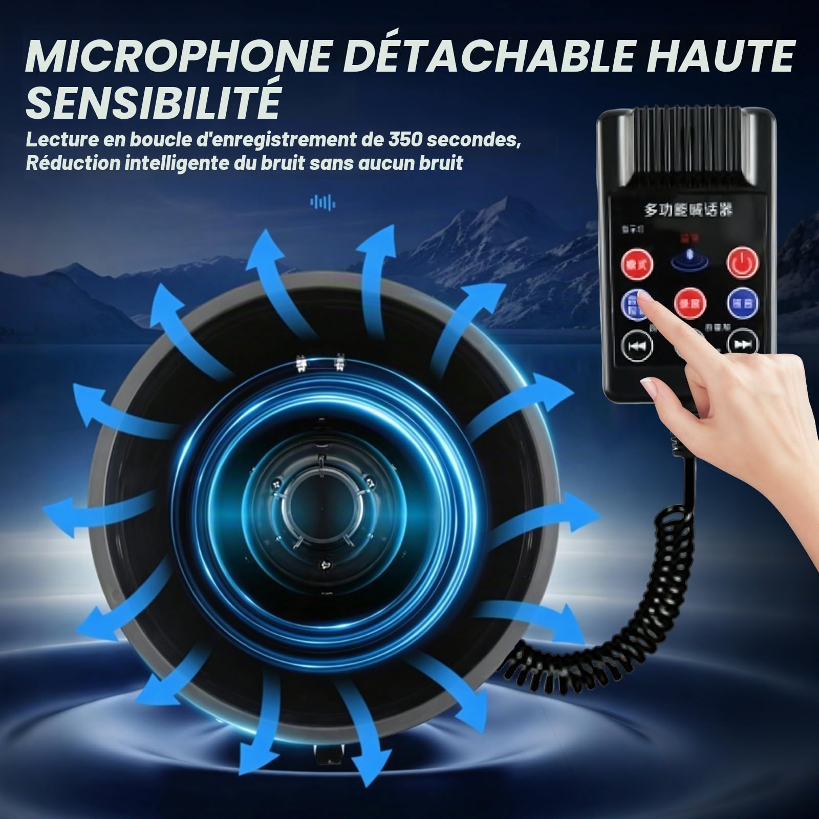 Mégaphone avec Bluetooth & Sirène, Portée de 2000m, Mégaphone Portatif avec Microphone Amovible, Haut-Parleur Rechargeable avec Sirène pour Événements Extérieurs, Contrôle de Foules, Sport