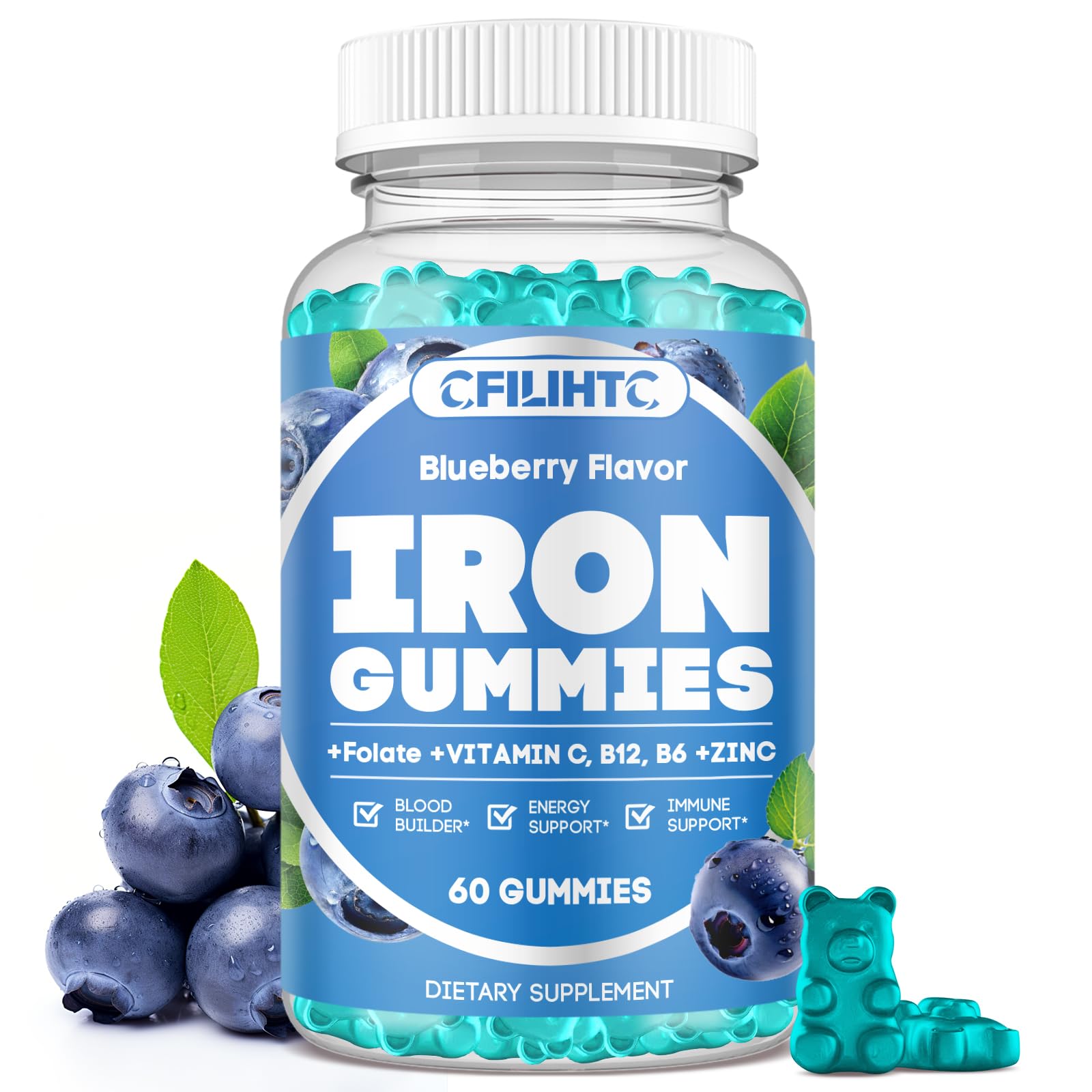 Iron Gummies for Women & Men - Iron Supplement with Vitamin B6, B12, C, Zinc, Folate for Adults & Kids - Support Iron Deficiency, Anemia, Energy Boost, Blood Builder - Sugar Free Vegan 60ct Blueberry Blueberry 60 Count (Pack of 1)