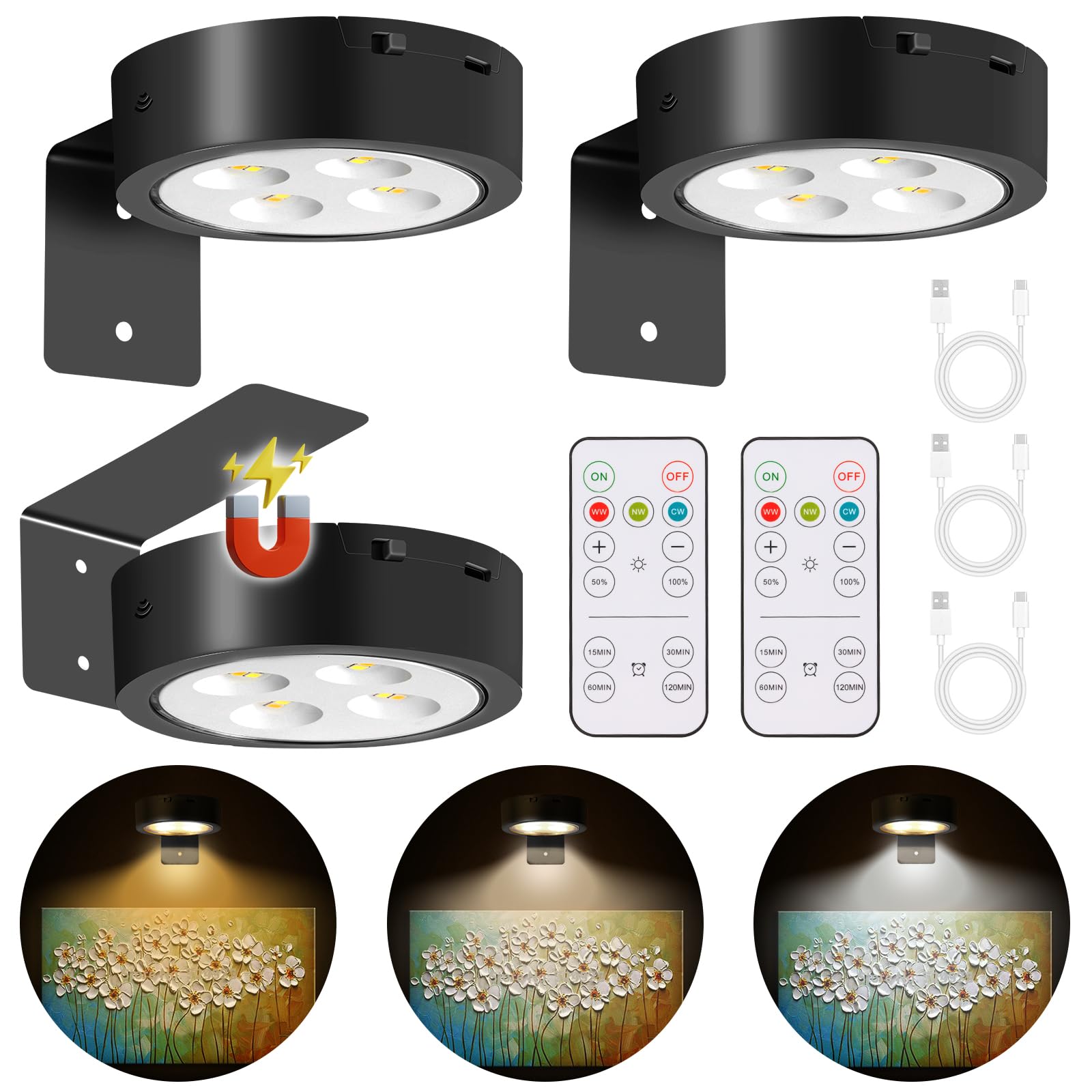 MIOBLUE Pack of 3 Picture Light Battery, Wireless Picture Light with Remote Control, LED Light Spots, Dimmable Picture Lamp,Rechargeable with 3 Colour Temperatures,Display Case Lighting LED with โ image 1