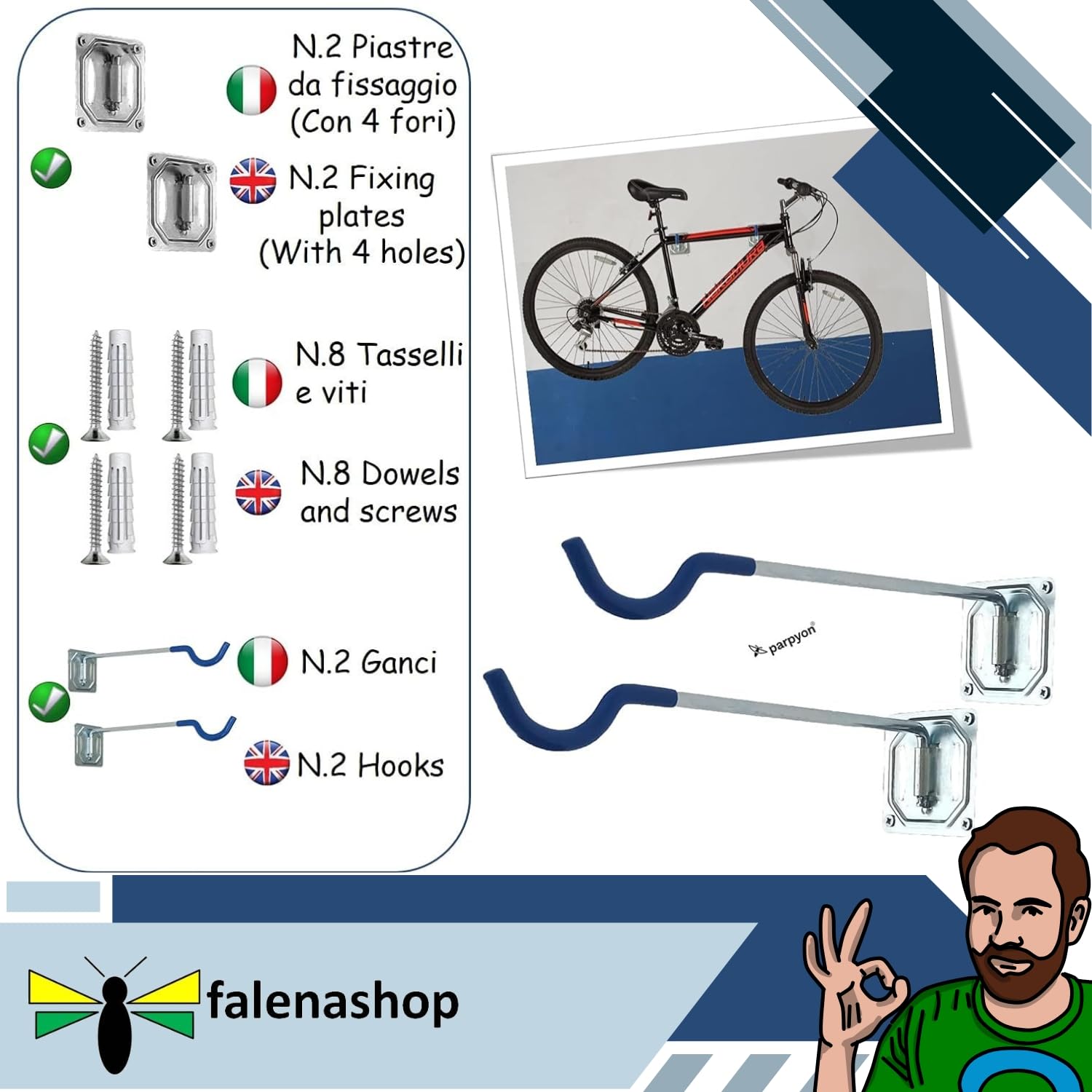 Parpyon® Porta biciclette da muro 2 gancio bici muro, porta bici, porta attrezzi da parete, porta biciclette da terra portabici da tetto vari modelli (Parete Lungo)