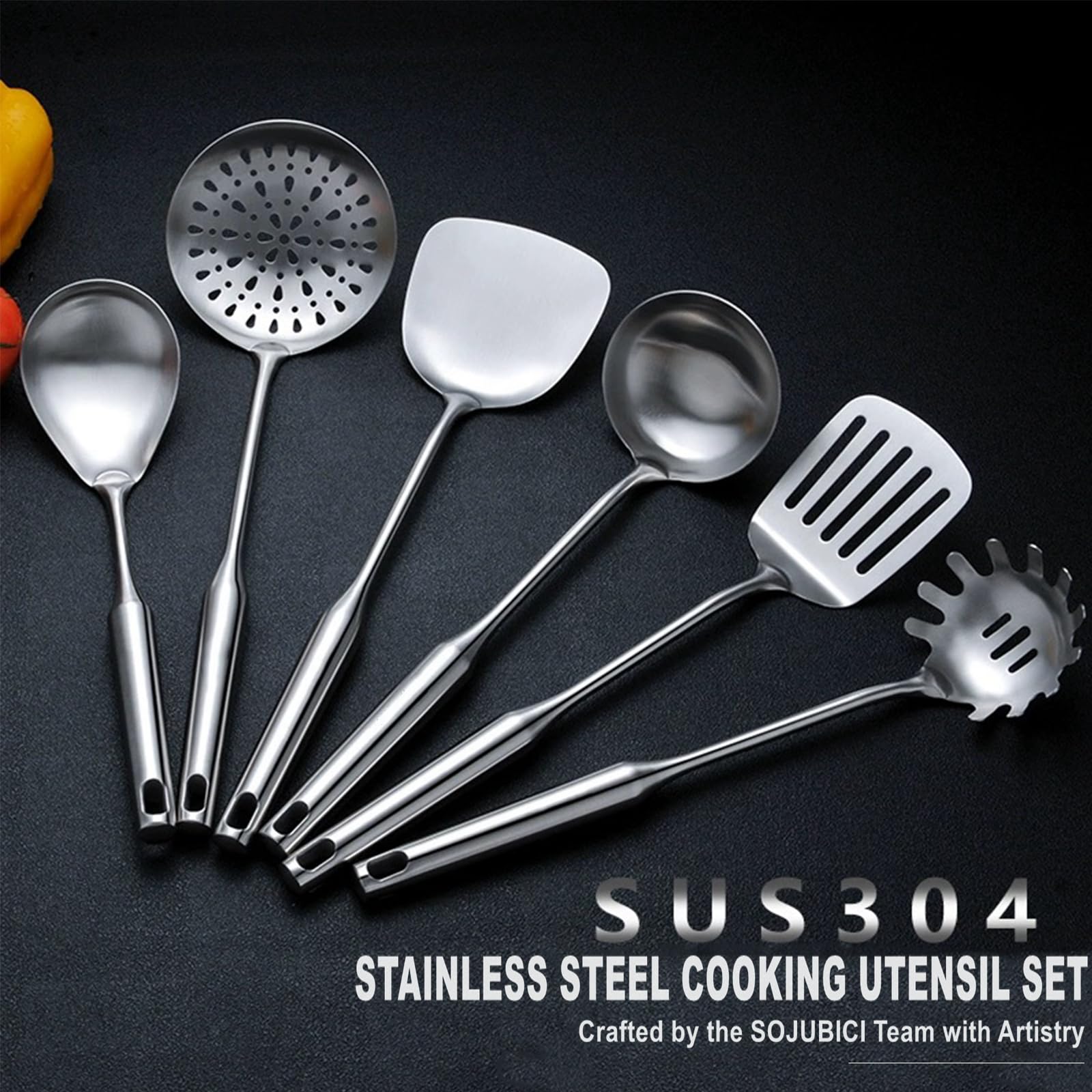 Kochutensilien-Set aus Edelstahl, Küchenutensilien, 6-teilig, Wok-Spatel, Schöpflöffel, Schaumlöffel, Nudellöffel, Servierlöffel, Schlitzspatel, Tunnel, spülmaschinenfest