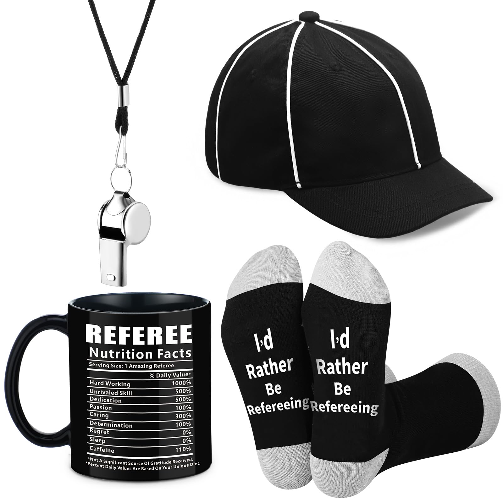 4pcs Referee Gifts Set Include 15oz Funny Referee Nutritional Coffee Mug Whistle Socks and Referee Hat for Men Women Referee Appreciation Gift Judges Funny Gifts