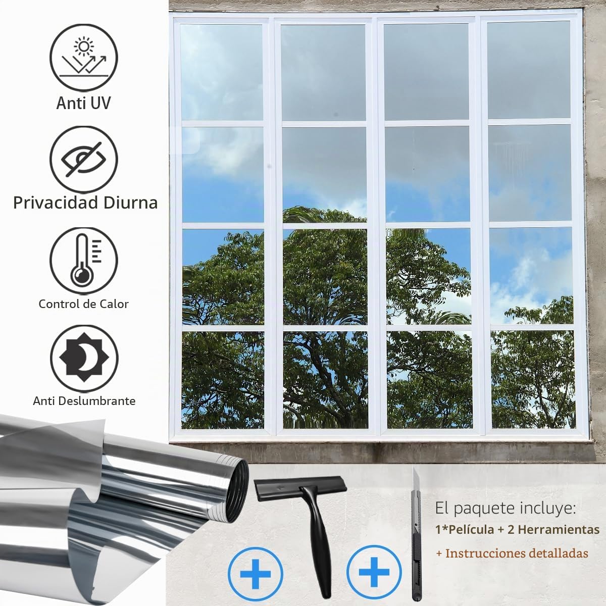 Zindoo Vinilos para Cristales Vinilo Adhesivo Cristal Efecto Espejo con Kit de Montaje 90 × 400cm Anti UV Anti Calor Unidireccional Protector de Privacidad Protege del Sol para Hogar Oficina Tienda