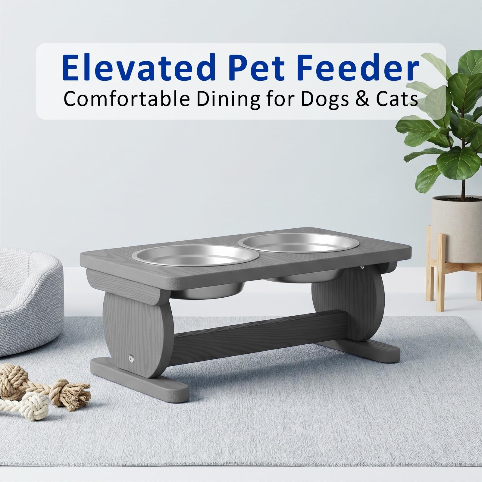 Support surélevé pour gamelle pour chien de petite taille, station d'alimentation avec 2 bols en acier inoxydable de 620 ml et assiette à lécher, bol de nourriture pour chien, gris