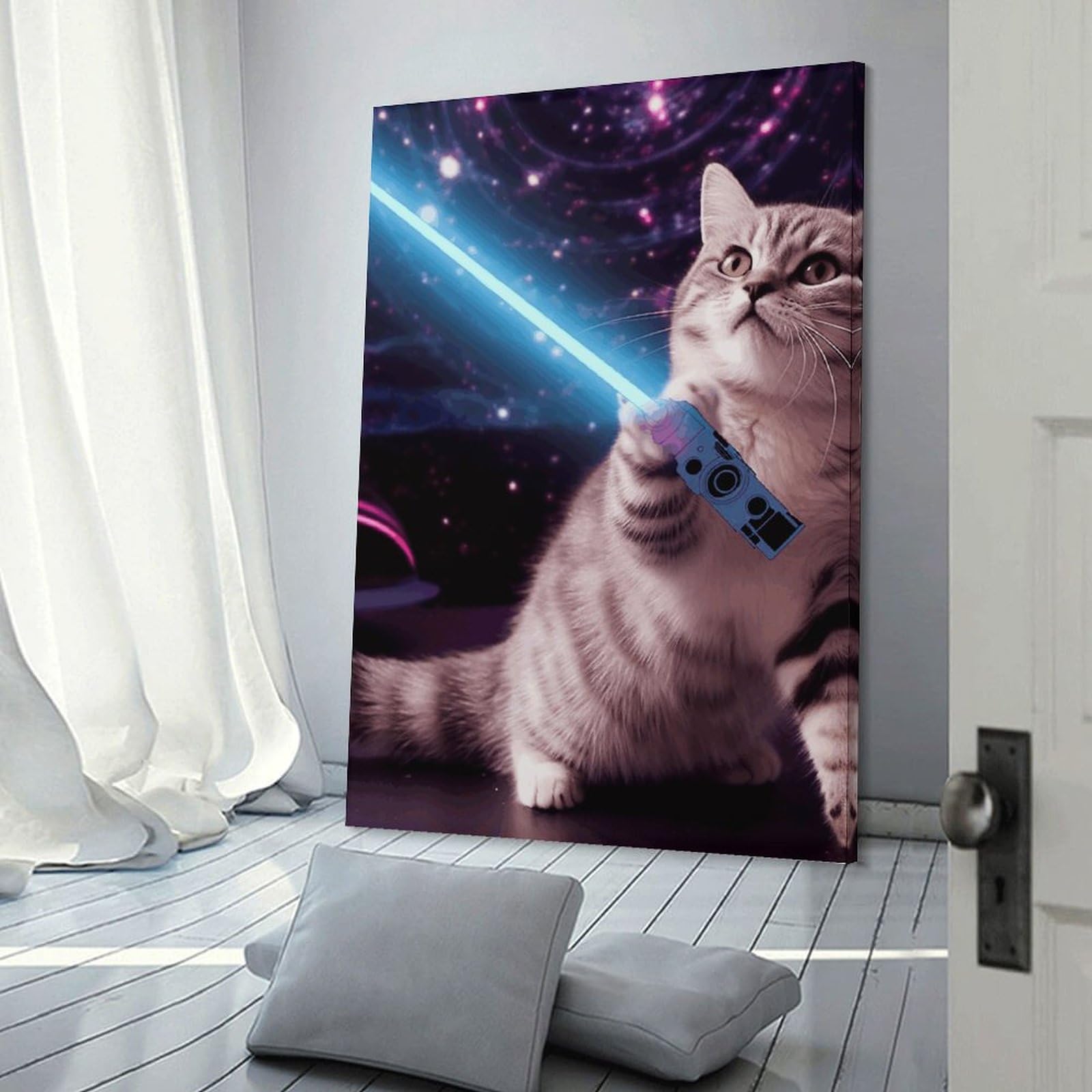HEBVNJF Leinwandbild, Kunstwerk, Weltraum, Laserkatze, Neuheit, niedlich, lustig, Wandkunst, Wandkunstdruck, Poster für Wohnzimmer, Dekoration, Schlafzimmer, Büro