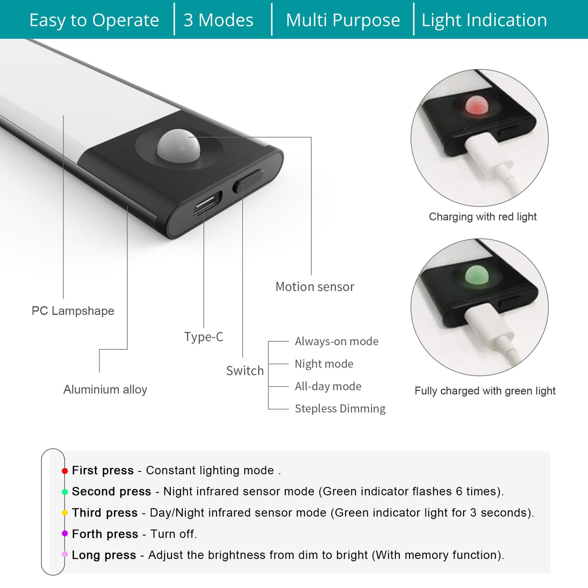 Luz LED magnética inteligente inalámbrica regulable de 15.7 pulgadas, 72 LED, ultrafina, 3.5 vatios, 2200 mAh USB-C recargable rápida y portátil 2