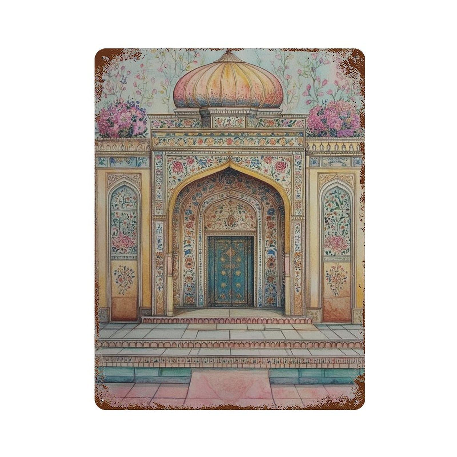 xiaoxiaoshen Indian Palace Watercolor Mughal Architecture Traditional Ethnic Intricate Floral Wall Decor Art Metal Tin Poster Modern Home Decor Art Home Bar Shop Decorations Vintage Sign 40x30cm