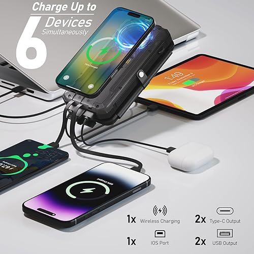 Miniatura 6 de Cargador portátil de 20000 mAh, banco de energía solar integrado, 3 cables y batería de carga inalámbrica compatible con iPhone, Samsung, IPX5