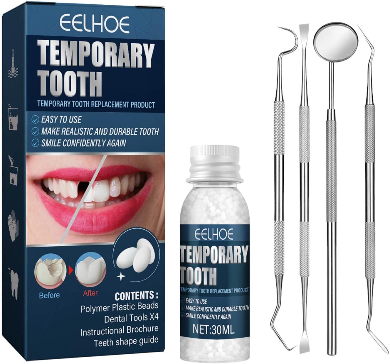 Irovami 30ml Moldable Teeth Glue 4 Tools Temporary Tooth Filling Set