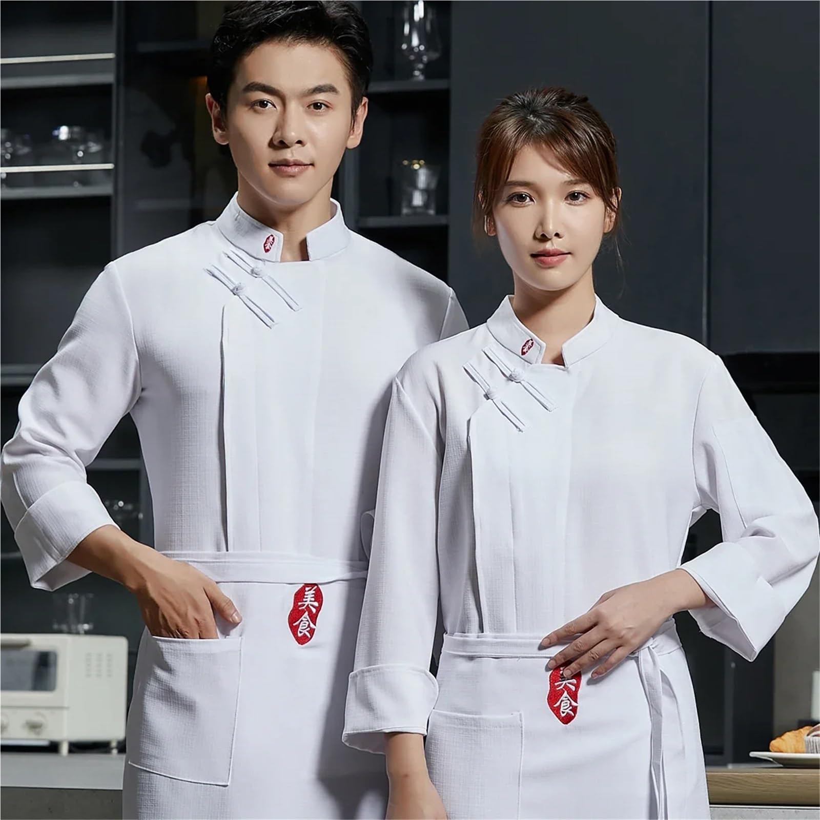 Ropa De Cocinero Chaqueta de Cocinero de Lino de Manga Larga for Hombre y Mujer, Uniforme de Cocinero, Abrigo de Camarero(Black,XXL)