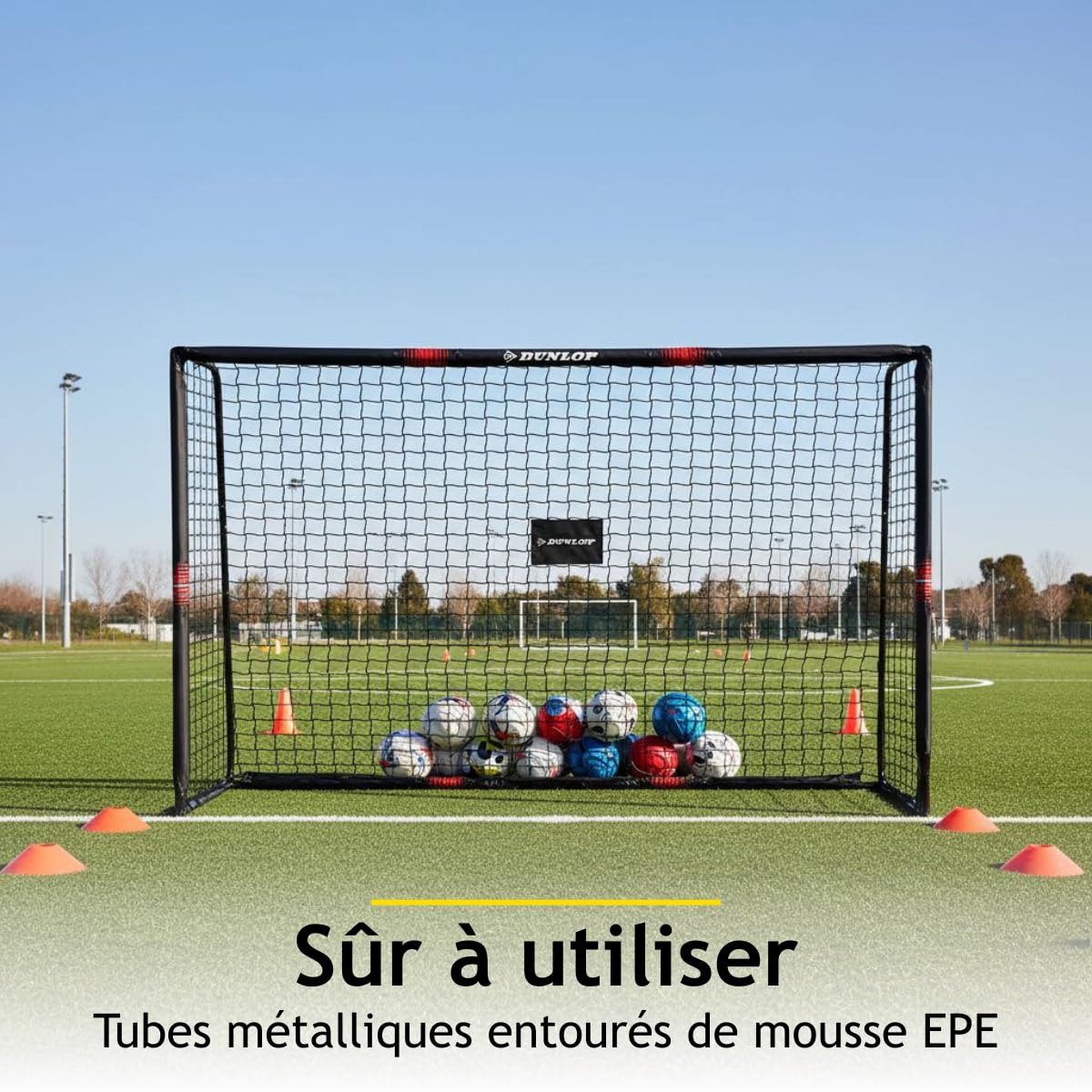 Dunlop Fußballtor - 240 x 160 x 85 cm - Metall - Fußballtrainingszubehör für Alle Altersgruppen - Einfache Montage - Schwarz/Rot