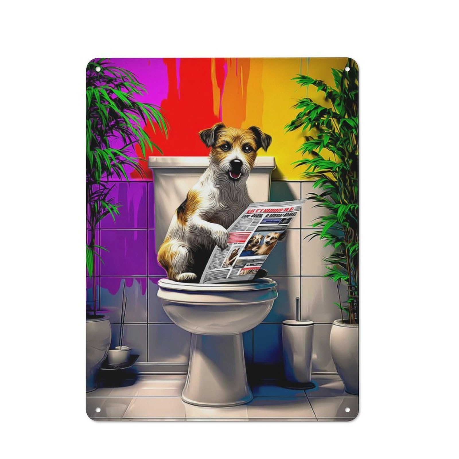 Junmoney Dog Reading Newspaper On Toilet-4 Tin Wall Plaque 40X30cm With For Garage Or Workshop, For An Autumn Wall Display In Garage And Workshop