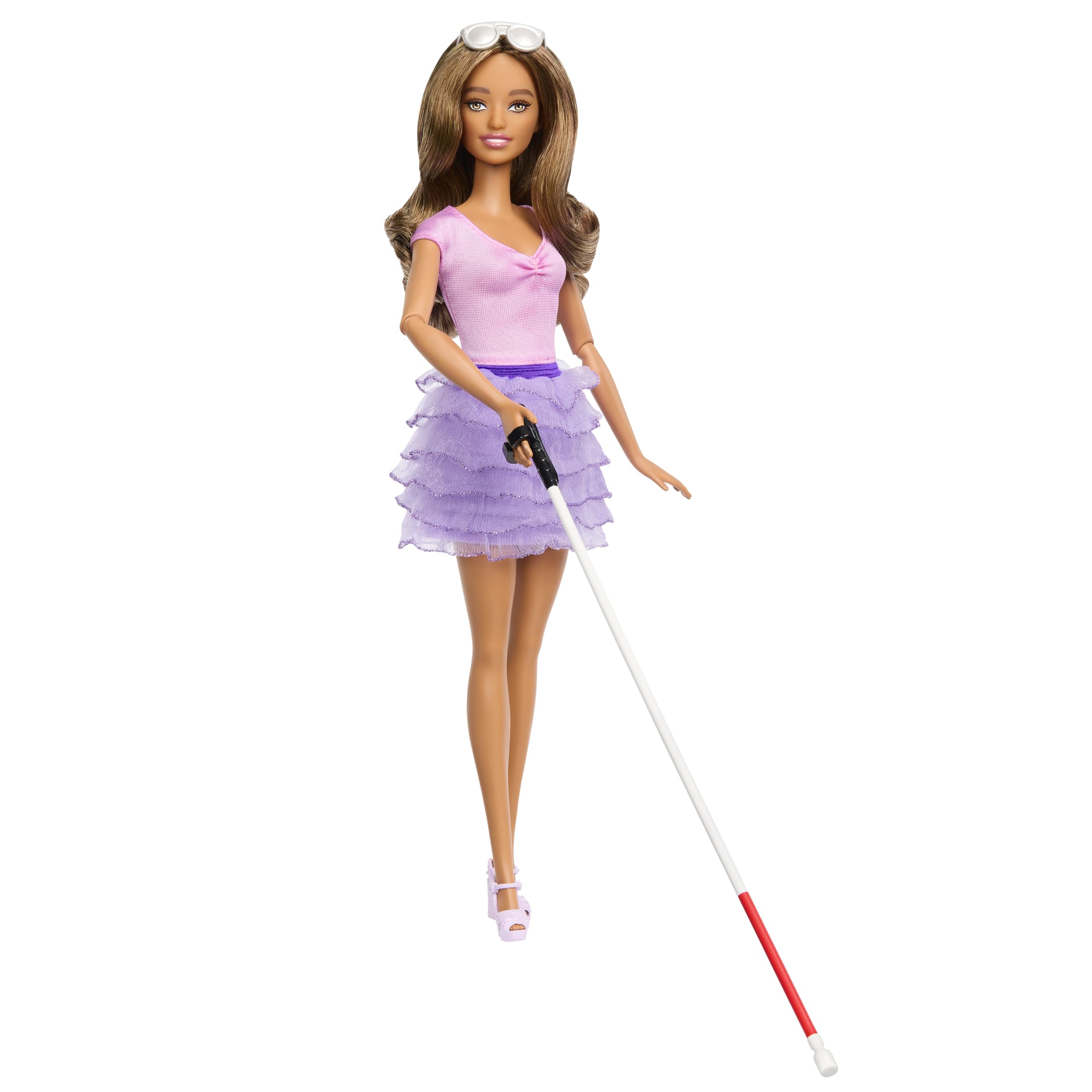 Barbie Fashionistas Muñeca ciega con top rosa a la moda, falda de volantes, bastón y gafas de sol, en colaboración con la American Foundation for the Blind, juguete +3 años (HRH17)