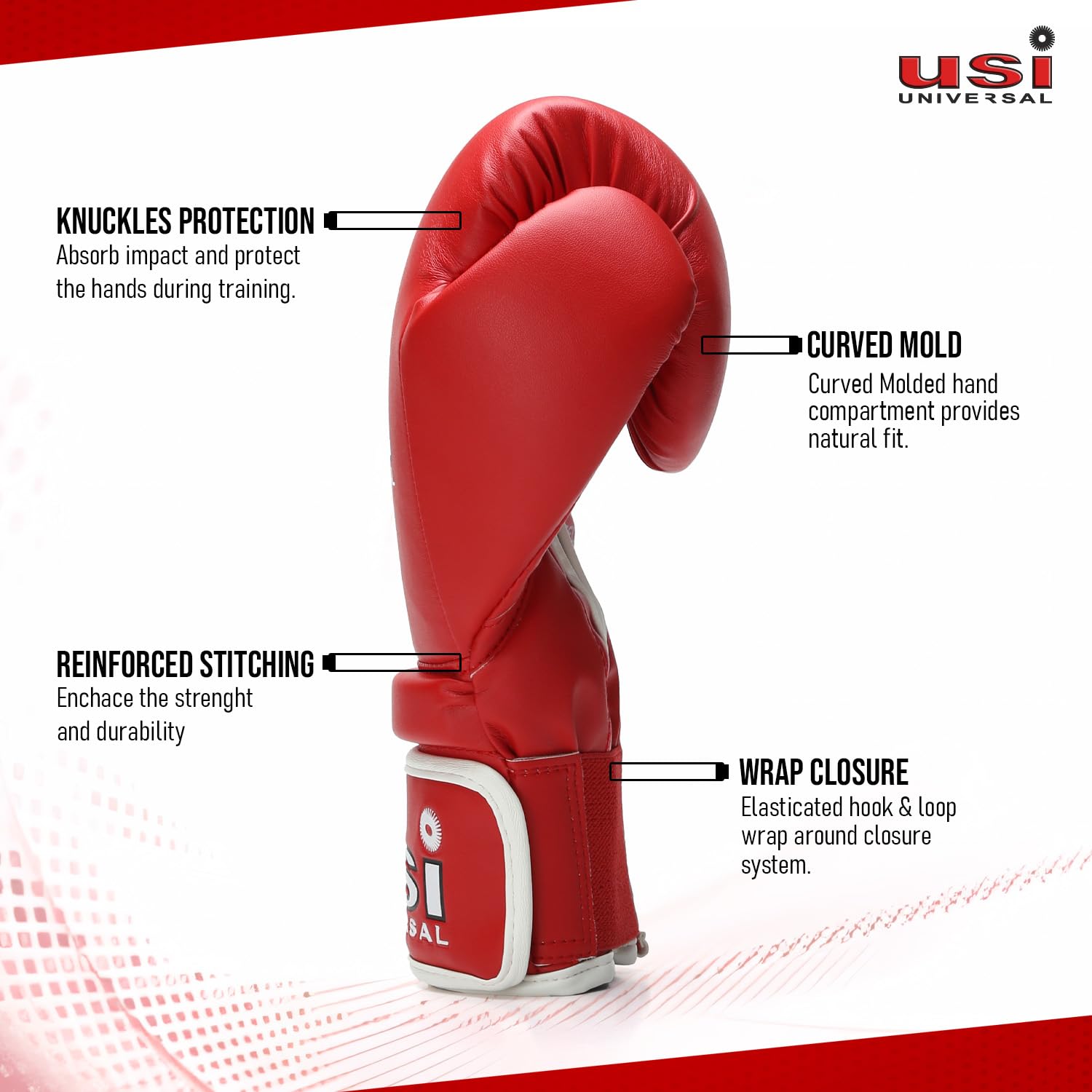 USI Boxing Gloves, 612 Reliance Punching Bag Gloves for Boxing, Kickboxing, Muay Thai, MMA, Durable Pu Material, Elasticated Hook, Loop Wrist Closure, Foam Padding (Size 8oz, Color Red)