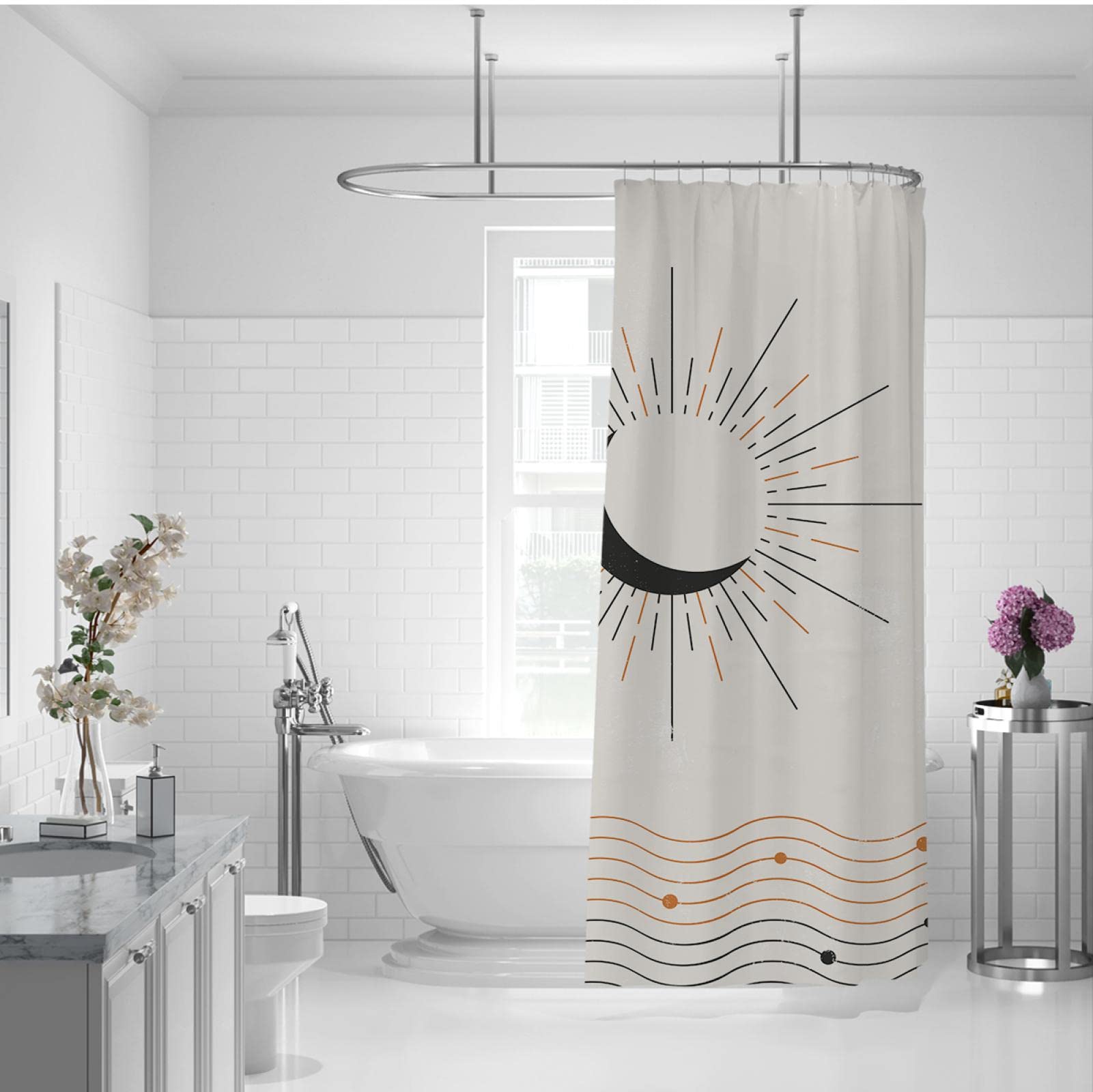 Cortina de Ducha rústica Línea de Forma de Sol Conjunto de Cortinas de Ducha Juego de Cortinas de Ducha de Tela Impermeable de Alta Resistencia con 12 Ganchos para baño 180x200 cm
