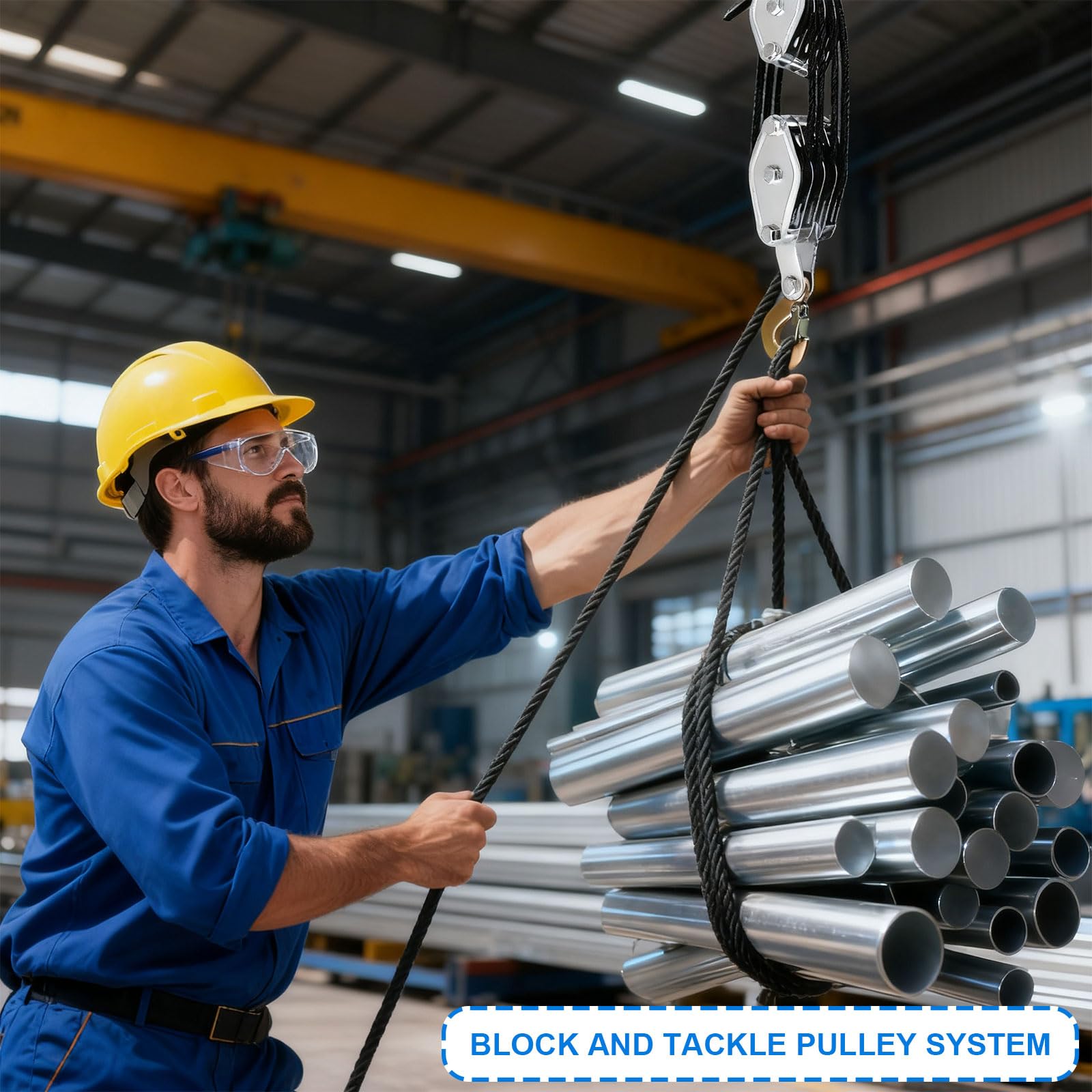 Palan à 4 rouleaux avec frein à câble, capacité de charge de 300 kg et corde en nylon noire de 20 m, crochet en acier rotatif à 270° pour chantier, transport, chasse, chutes d'arbres, entrepôts