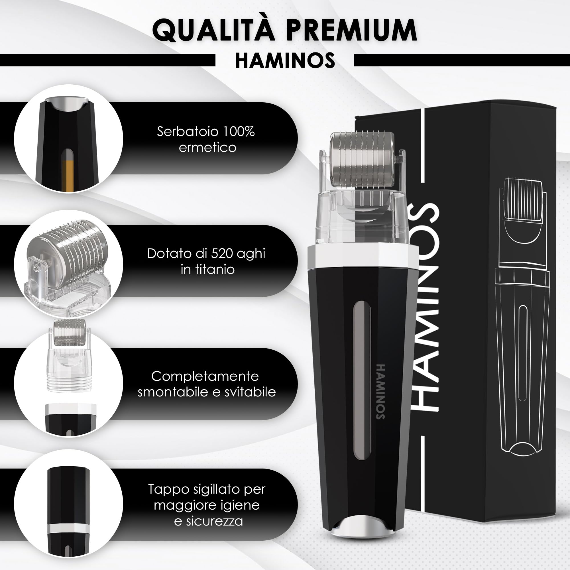 HAMINOS Derma roller 0,5 mm 3.0 con Serbatoio per Capelli, Barba, Pelle, Rughe, Smagliature, Iperpigmentazione APPLICAZIONE DEL SIERO ISTANTANEO, 520 aghi in titanio