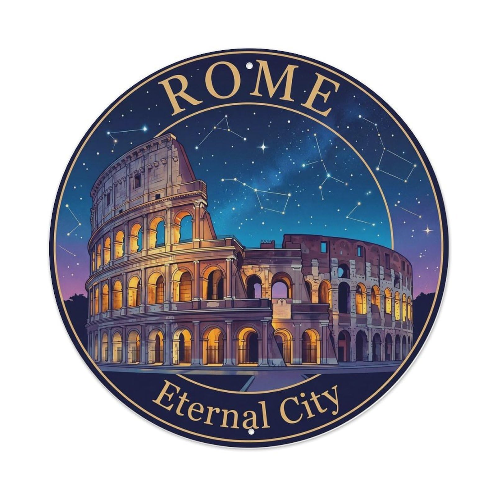 Rome Night Eternal Historic Tourism Classic Destination Metal Tin Sign Plaque Wall Decor for Cafe, Man Cave, Club Bar, Office, Home Garden Round Metal Poster 8x8Inch