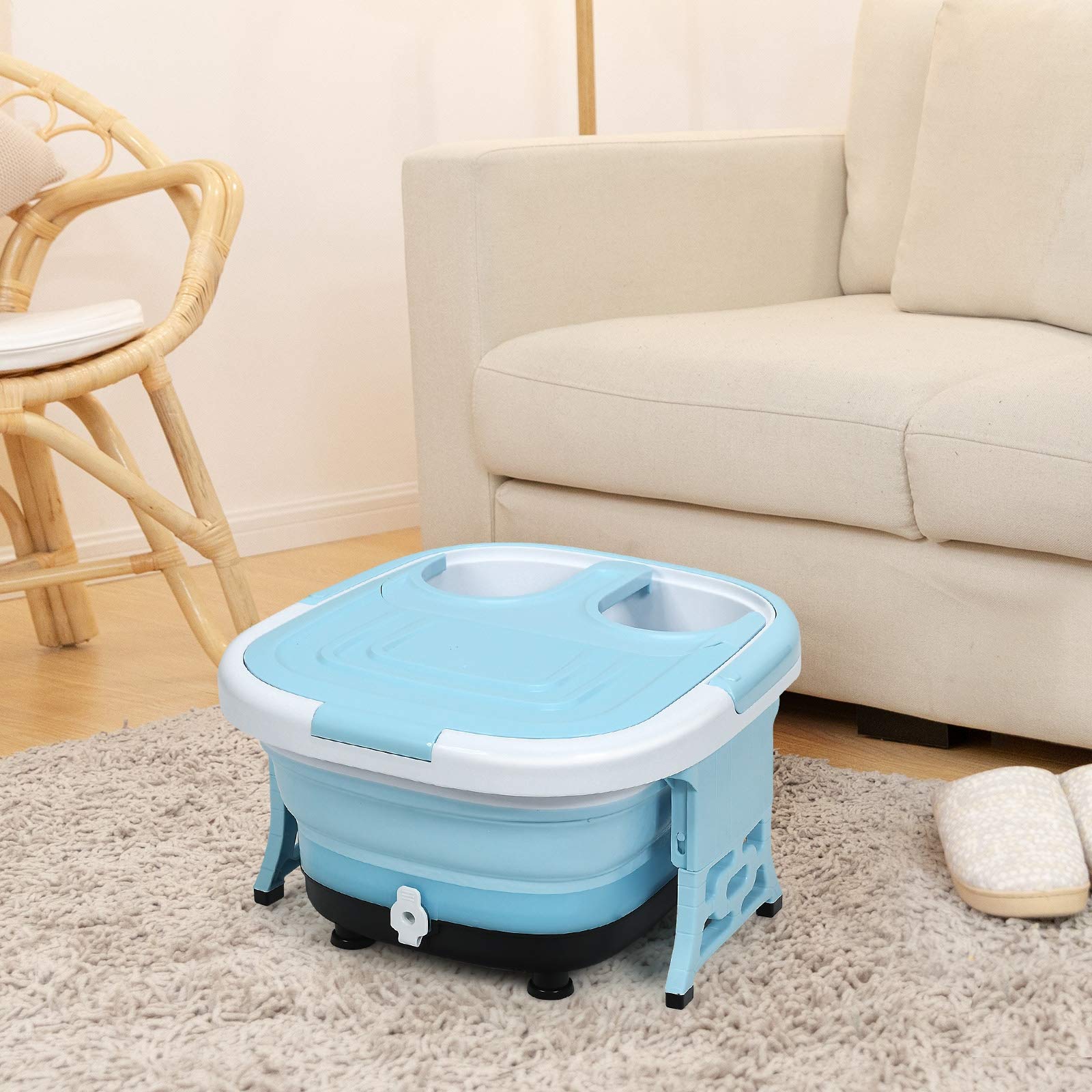 DREAMADE Elektronische Fußbadewanne Klappbar, Multifunktionales Fußbadmassagegerät mit Luftblasen & Fernbedienung, Fußsprudelbad mit Verstellbarer Temperatur & Zeit (Blau)