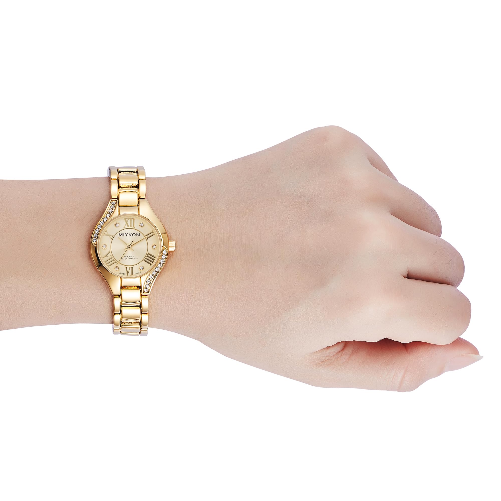 Miykon Relojes de plata y oro para mujer, pequeño y delicado reloj para mujer con cristales auténticos, pulsera de joyería para mujer pulida con iones, vidrio resistente a los arañazos, cuarzo japonés