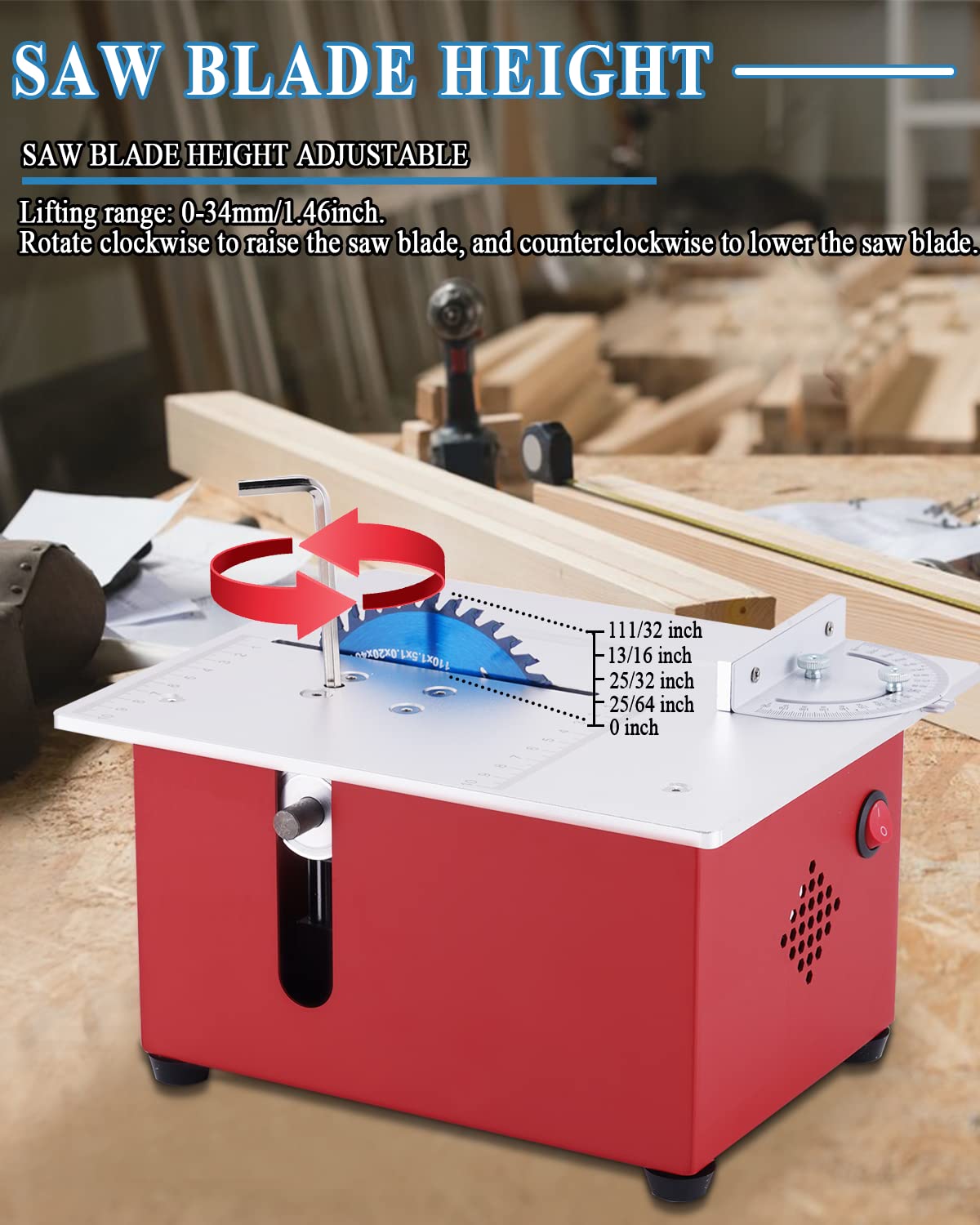 MXBAOHENG T60 Sierra de Mesa Portátil 360W Mini Sierra de Circular Mesa con mesa deslizante, Altura de la hoja de sierra ajustable de 0-30 mm para carpintería para corte de madera/metal/plástico