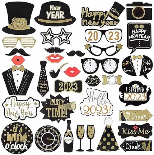 Losuya 2023 Nouvel An Photo Booth Props Drôle 36pcs DIY Kit pour 2023 Nouvel An Décorations De Fête Cover
