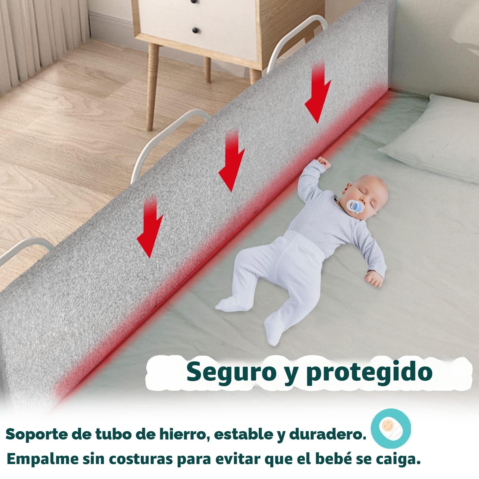 Barrera para cama infantil, protección contra caídas, protección para el borde de la cama, altura ajustable, para niños pequeños y bebés (gris, 100 cm)