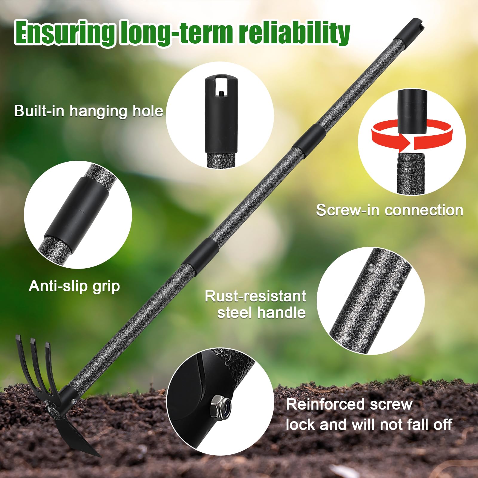 Hoe Garden Tool - Azadas de malezas 2 en 1 resistentes con rastrillo cultivador de cultivador, azada de jardín de 60 pulgadas, mango largo para desmalezar, herramientas de mano para