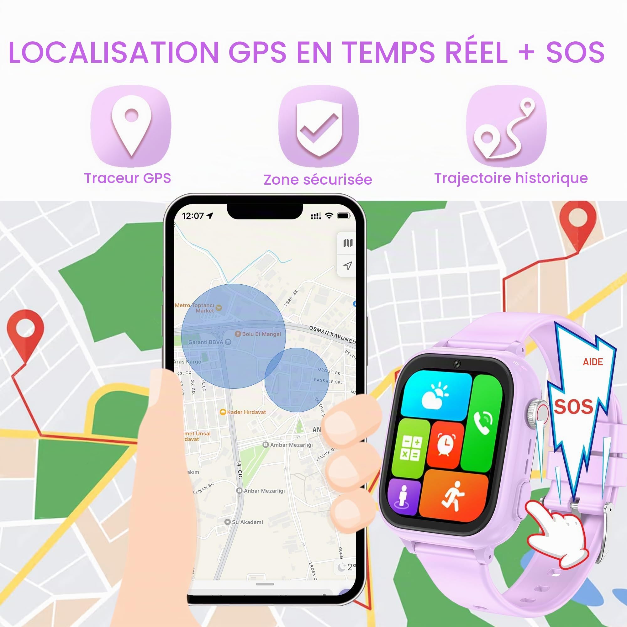 Montre Connectée Enfant GPS, 4G Montre Connectée Ado avec Telephone Appel Vidéo, WiFi, Bluetooth, SOS, Mode Classe, Face ID, App Store, Whatsapp, Réveil, IP68 Smartwatch Enfants Cadeaux (Violet)